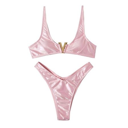 Pink Color Metallic V Wired High Cut Bikini Swimsuit