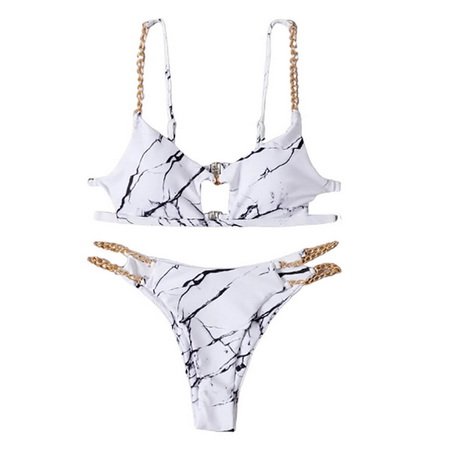 Lady Marble Print Chain Bikini Swimsuit